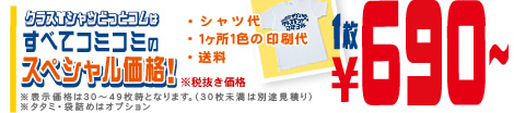 クラスＴシャツどっとコムはすべてコミコミのスペシャル価格！シャツ代、1ヵ所1色の印刷代、消費税、送料 1枚650円〜